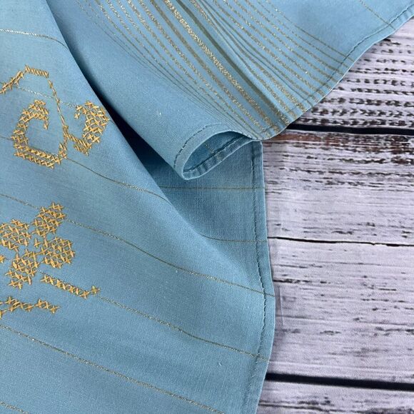 Vintage Blue Rectangular Dining Room Table Cloth w/ Gold Cross Stitch Flowers - Picture 11 of 11